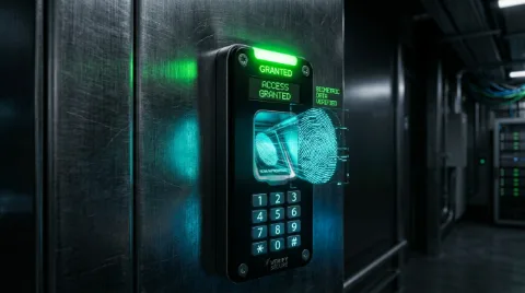 Biometric fingerprint access control panel securing iMove storage facility entrance