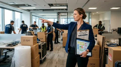 Office move project manager coordinating international relocation planning and timeline