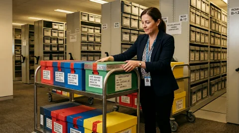 Business documents and legal archives being organised for international office relocation